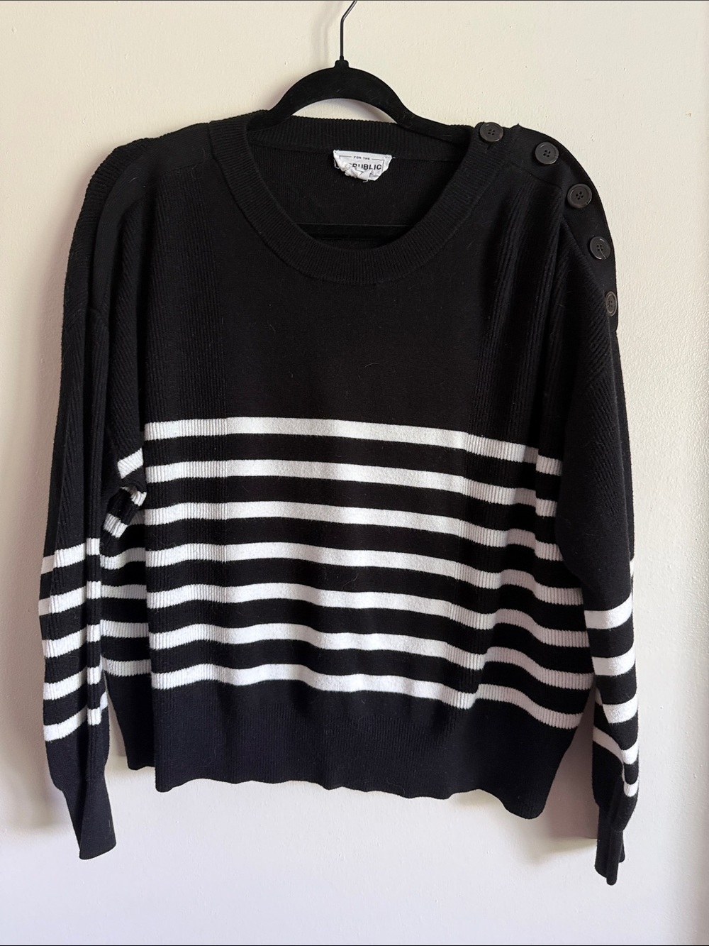 For The Republic Black & White Striped Button-Shoulder Cropped Sweater size L